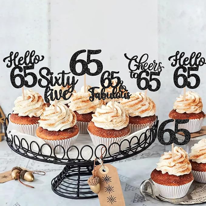 30PCS Happy 65th Birthday Cupcake Toppers Glitter Hello 65 Fabulous Sixty Five Cheers to 65 Years Old Birthday Cupcake Picks for Happy 65th Birthday Anniversary Party Cake Decorations Supplies Black