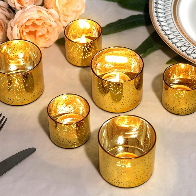 12-Piece Gold Candle Holders, Speckled Mercury Gold Votive Candle Holders, Two Models, Suitable for Wedding Table Centerpieces, Party Decorations and Home Decor
