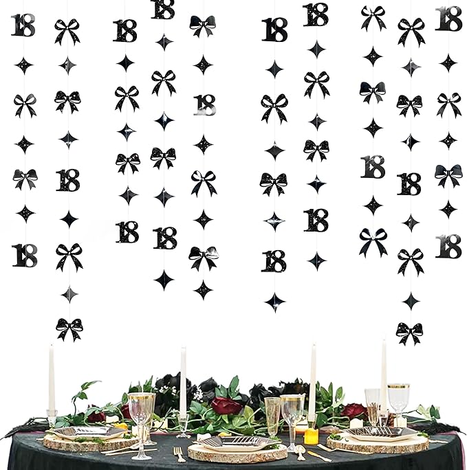 Black 18th Bow Birthday Decorations Glitter Conquette Bow Garland Streamer Banner Backdrop for Girls Boys Happy 18th Birthday Time to Adult Cheers to 18 Years Old Anniversary Party Supplies