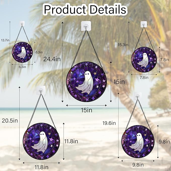 Stained Glass Window Hanging - Halloween Decoration Purple Star White Ghost Suncatcher for Doors Garden Indoor Spooky Sun Catchers Gothic Decor Horror Gifts for Women Men Friend 11.8 in