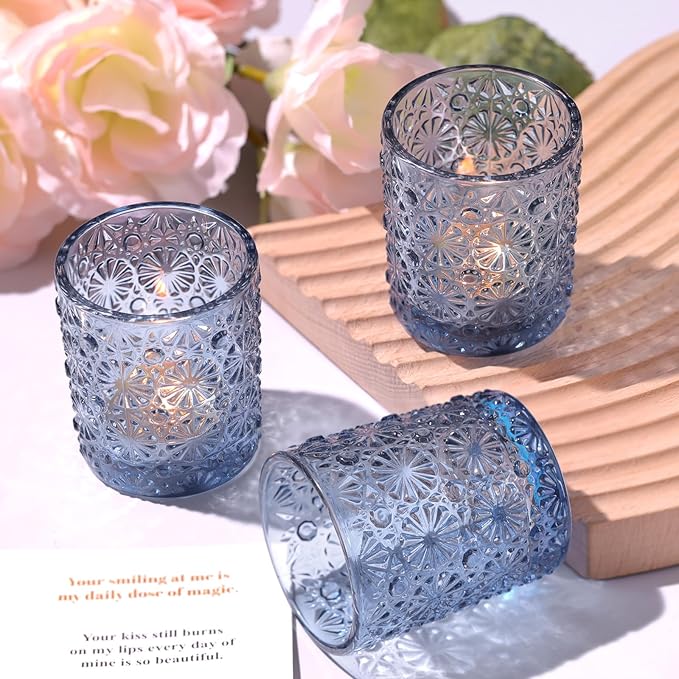Blue Votive Candle Holder Set of 12, Flower Tea Lights Candles Holders for Wedding Table Centerpieces, Birthday Parties, Home Decor, Blue Bridal Shower and Holiday Decorations