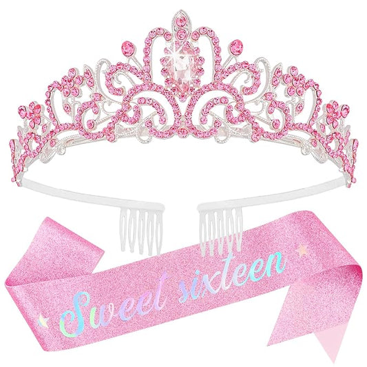 Sweet 16 Birthday Crown and Sash for Girls, Sweet 16th Sashes and Tiara Set, 16th Birthday Party Decorations for Women, Pink Accessories Gifts for Girls