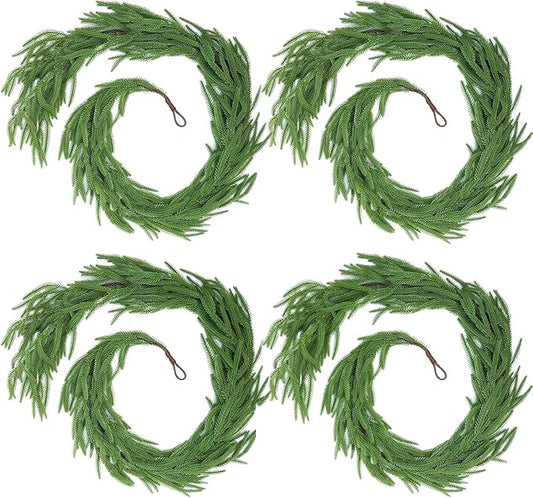 4 Pcs Artificial Norfolk Pine Garlands, Christmas Real Touch Winter Pine Garland, Green Artificial Greenery Cedar Garland for Mantle, Table, Wall, Indoor, Outdoor Christmas Decorations