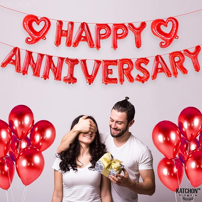 KatchOn 18 Inch Happy Anniversary Balloons Letters - Big Red Banner for Decorations | Heart Balloons for Party