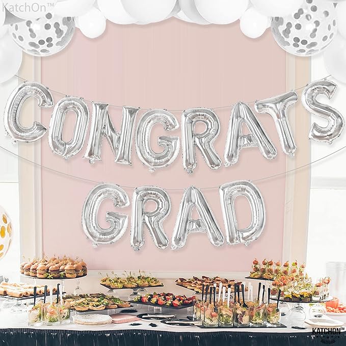 KatchOn, Silver Congrats Grad Balloons - 16 Inch | Foil Congrats Grad Balloon Banner For Graduation Decorations 2025 | Congratulations Balloons | Graduation Party Decorations