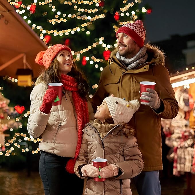 16 oz. Party Cups 'Happy Holidays' Christmas Tree Design for Cold Drinks, Durable, Disposable, Recyclable, Made in USA, Red, 12 Count