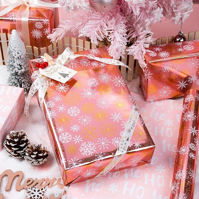 MAYPLUSS Pink Christmas Wrapping Paper Roll - 17IN X 33FT - Christmas Gift Wrapping Paper Featuring Gold and White Snowflake Reversible HO for Kids, Holiday, New Year