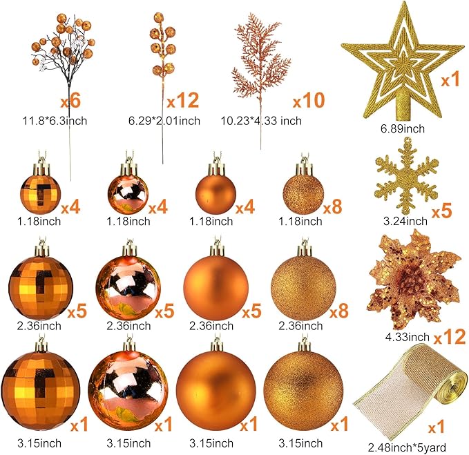 Sratte 94 Pcs Christmas Tree Decorations Set, Christmas Tree Ball Ornaments Glitter Poinsettia Flowers Decorations Glitter Berries Stems for Xmas Holiday Wedding(Orange)
