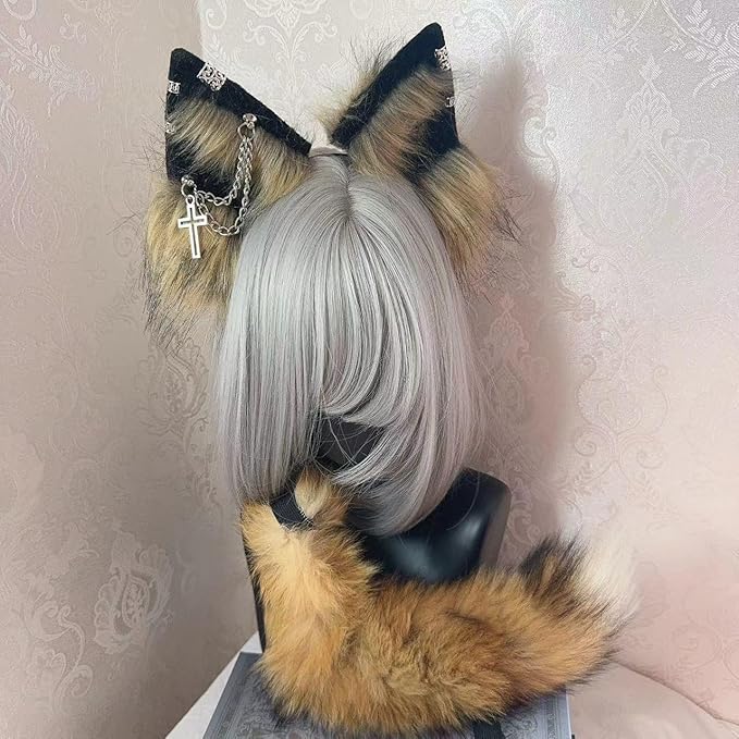 Wolf Ears Tail Set Fox Wolf Headbands Clips Fluffy Cosplay Costumes, Gothic Punk Accessories for Halloween
