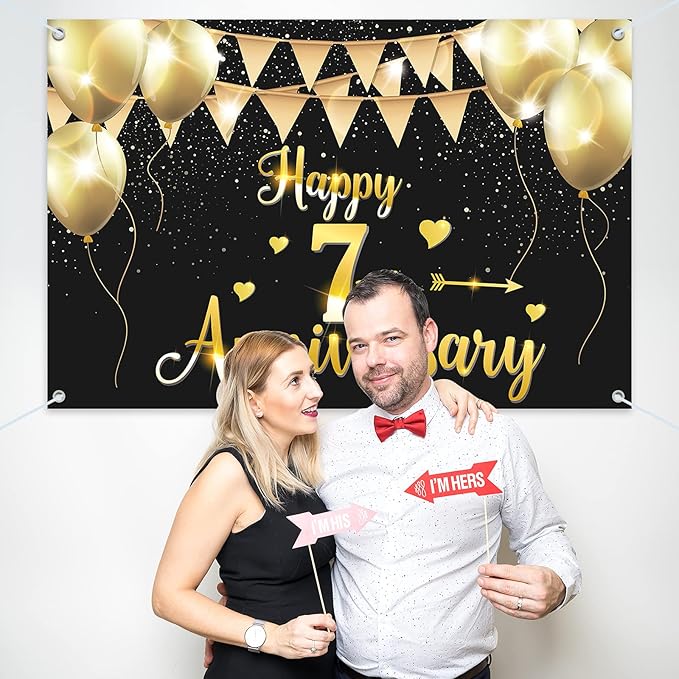 HAMIGAR 6x4ft Happy 7th Anniversary Banner Backdrop - 7 Wedding Anniversary Decorations Party Supplies - Black Gold
