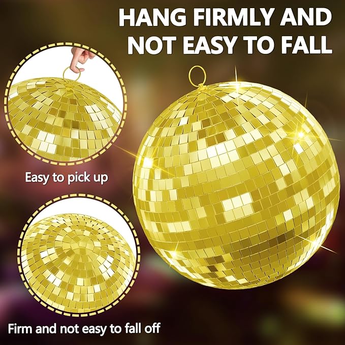 12"/16"/20" Mirror Disco Ball with Hanging Ring, for DJ Club, Party,Live Stage for Easy Installation, Disco Ball Mirror Balls Light Effect Mirrors Balls with Hanging Ring(Golden, Pink) 12Inch Golden