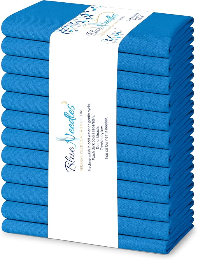 Blue Needles Solid Cloth Napkins Set of 12 Royal Blue 100% Cotton Dinner Napkins 18x18 inches - Soft, Reusable, Absorbent & Washable Fall Thanksgiving Linen, Ideal for Events, Parties & Everyday Use