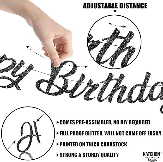 KatchOn, Glitter Black Happy Birthday Banner - Pre-Strung No DIY,10 Feet | Birthday Decorations for men, Women | Hbd Banner Backdrop For Black Party Decorations, Halloween Decorations