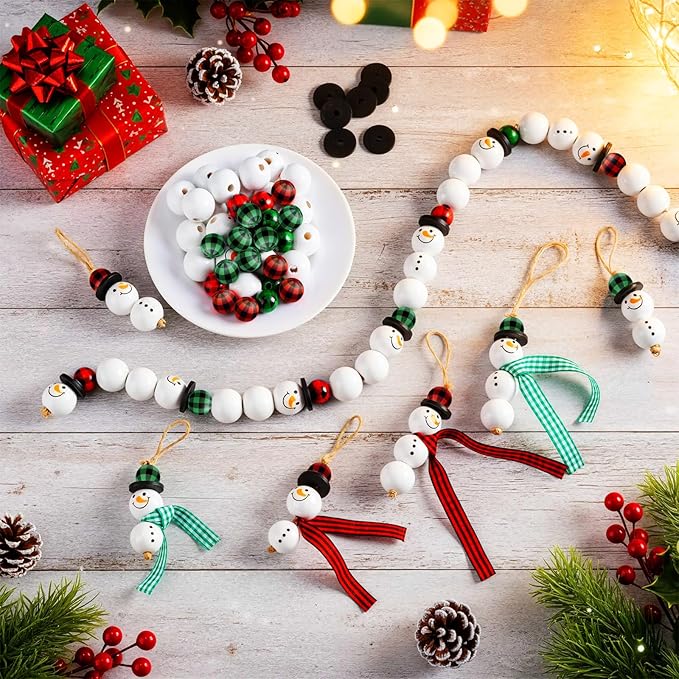 Landical 180 Piece DIY Christmas Snowman Wooden Bead Crafts Christmas DIY Ornaments Buffalo Plaid Wood Round Bead Xmas Print Wooden Beads with Twine Scarf for Crafts(Cute Color)