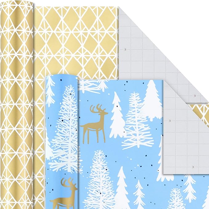 Hallmark Holiday Wrapping Paper Bundle with Cut Lines on Reverse, Elegant Woodland (Pack of 4, 120 sq. ft. TTL) Peace and Joy, Deer, Pinecones, Snowflakes, Blue, Gold