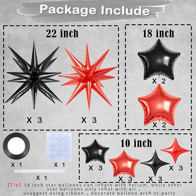 22 Pcs Star Balloons,22/18/10 Inch Star Foil Mylar Balloon,Spike Balloons and Four Pointed Balloon for Party Supplies Christmas Birthday Wedding Photo Booth (Black Red)