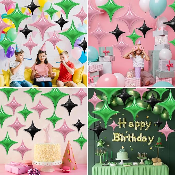 Black Pink Green Balloons,12Pcs Four Angle Star Foil Balloons,26Inch and 10Inch Black Green Pink Quadrangle Star Helium Balloon for Witch Halloween Birthday Anniversary Party Decorations