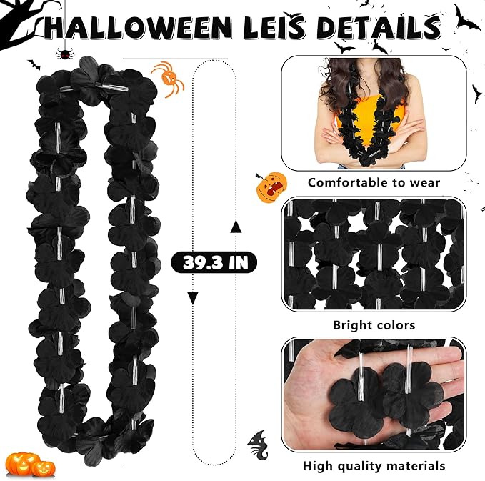 24pcs Halloween Leis Decor, Halloween Black Leis Bulk Accessories Silk Flower Necklace, Black Hawaiian Bulk Hula Dance Party Decor, Flower Leis Trick or Treating Activities Favors Supplies