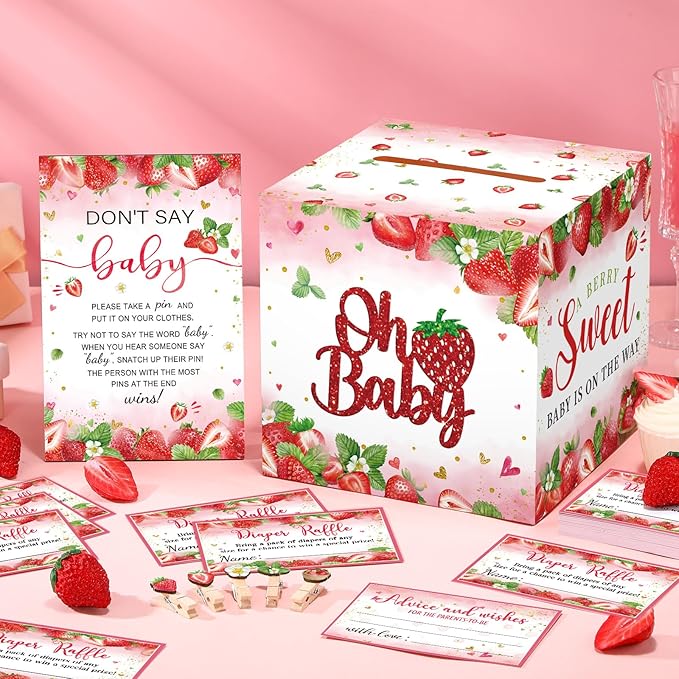 102 Pcs Baby Shower Game Supplies Diaper Raffle Tickets with Diaper Raffle Card Box Don't Say Baby Sign Mini Clothespin Baby Shower Game Decor for Baby Shower Gender Reveal(Strawberry)