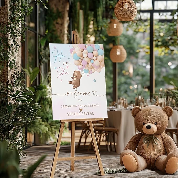 Gender Reveal Welcome Sign – Teddy Bear Balloon Theme,Personalized Teddy Bear Gender Reveal Welcome Sign, He or She Yard Sign, Boy or Girl Gender Reveal Sign, We Can Bearly Wait Gender Reveal .1