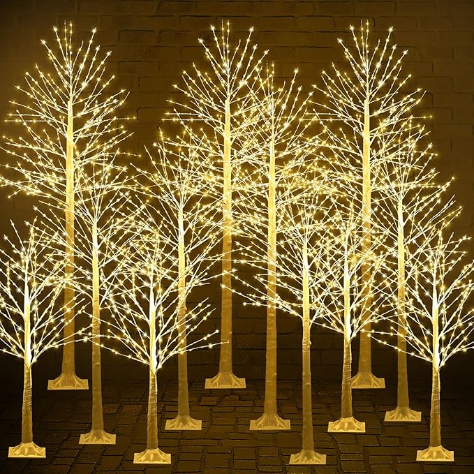 Baquler 12 Pack Lighted Birch Tree - Large Christmas Warm-White LED 8 Mode Light Birch Tree Decoration Set for Thanksgiving Holiday Fall Winter Party Decor, Indoor & Outdoor (4 6 8 ft)
