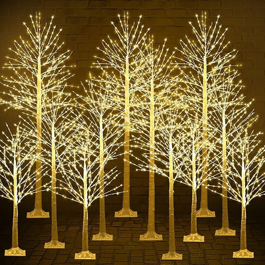 Baquler 12 Pack Lighted Birch Tree - Large Christmas Warm-White LED 8 Mode Light Birch Tree Decoration Set for Thanksgiving Holiday Fall Winter Party Decor, Indoor & Outdoor (4 6 8 ft)