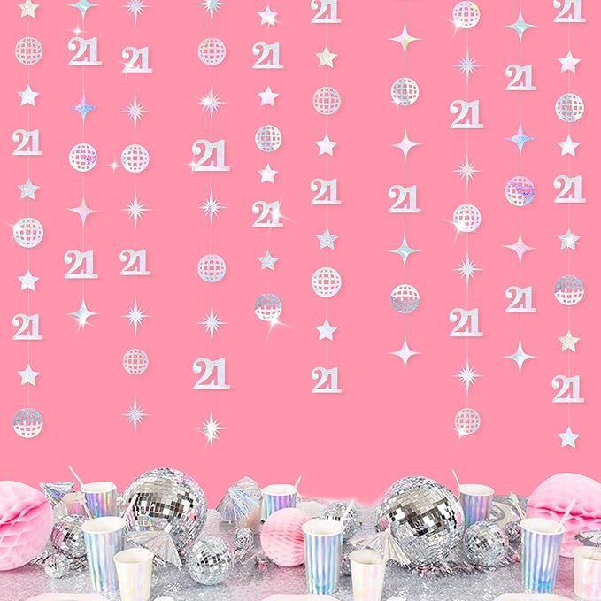 Iridescent 21st Disco Birthday Decorations Laser Number 21 Disco Ball Twinkle Star Garland Metallic Banner Backdrop for Girls Boys Happy 21st Birthday Finally Legal Cheers to 21 Years Party Decor