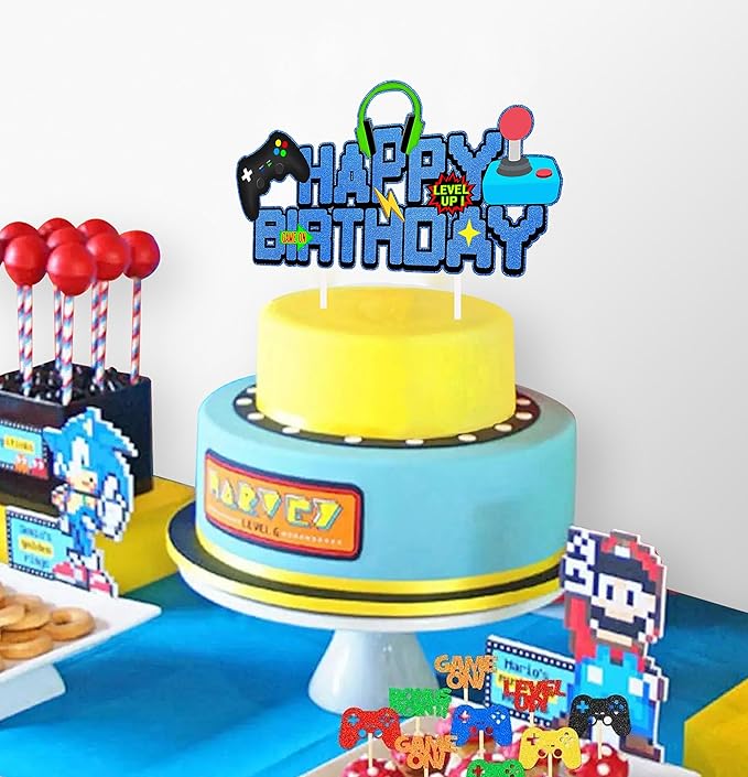 Video Game Birthday Cake Topper Glitter Blue Game Controller Happy Birthday Cake Topper - Game Cake Decorations Suit for Gamer Kids Boys Favors Game Cake Picks Birthday Party Supplies.