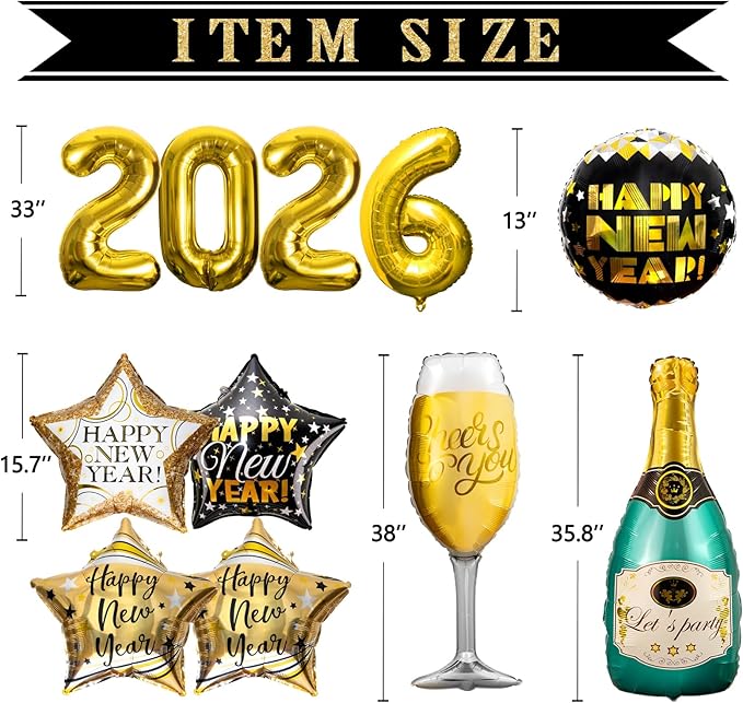 Happy New Years Eve Party Supplies 2026, 11 Pcs Foil Balloon New Years Decorations Set