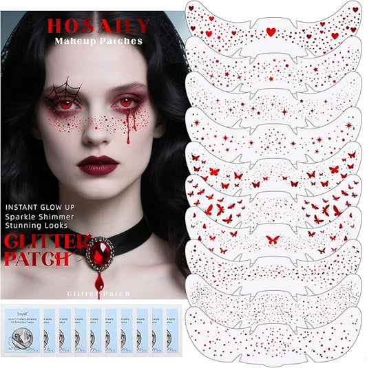 10 Styles Red Glitter Freckles Face Tattoo, Waterproof Sparkle Cute Star Butterfly Face&Body Glitter Speckles Patches for Women, Metallic Temporary Tattoo Accessories Makeup for Rave