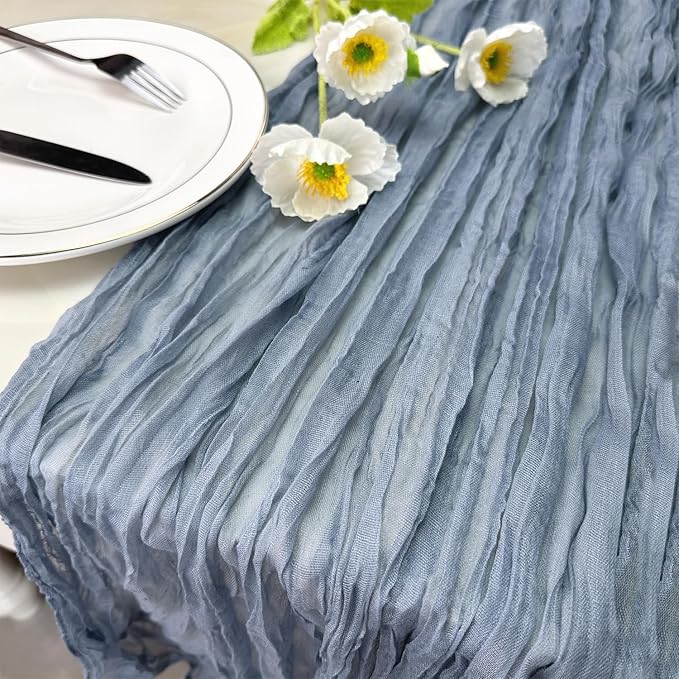 Booque Valley 3 Pack Dusty Blue Cheesecloth Table Runner 10ft Super Soft Boho Wrinkled Gauze Sheer Cloth for Baby Shower Baptism Birthday Party Wedding Centerpiece Table Decoration, 35x120 Inch