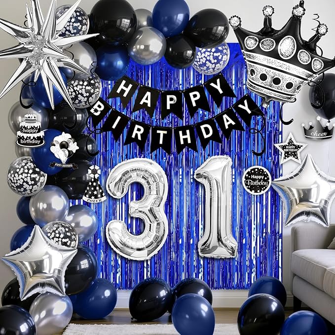 31st Birthday Decorations for Men and Women, Black Blue Silver Happy Birthday Number 31 Balloons, Banner, Fringe Curtains Garland Kit - 31 Year Old Party Supplies