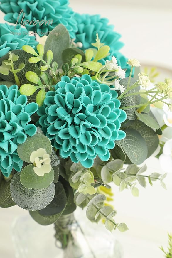 Floroom Artificial Dahlia Flowers 25pcs Real Looking Teal Green Foam Fake Roses with Stems for DIY Wedding Bouquets Bridal Shower Centerpieces Floral Arrangements Party Tables Home Decoration