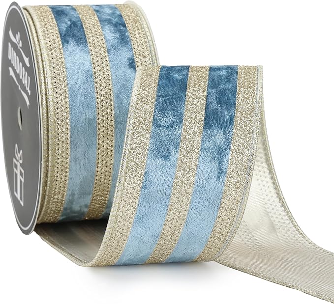 Dusty Blue Velvet Wired Ribbon with Champagne Glitter Stripe 2.5 Inch Crushed Velvet Christmas Ribbon, 10 Yards for Gift Wrapping, Crafts, Christmas Tree Decorations, Wreaths, Garlands