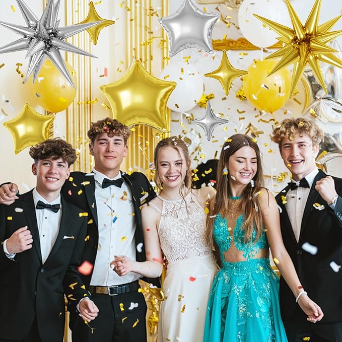 16 Pcs Gold Silver Star Balloons, 22/18/10 Inch Foil Balloons, Four-Pointed Balloon for Kids Men Birthday Graduation Wedding Bridal Baby Shower Party Decorations