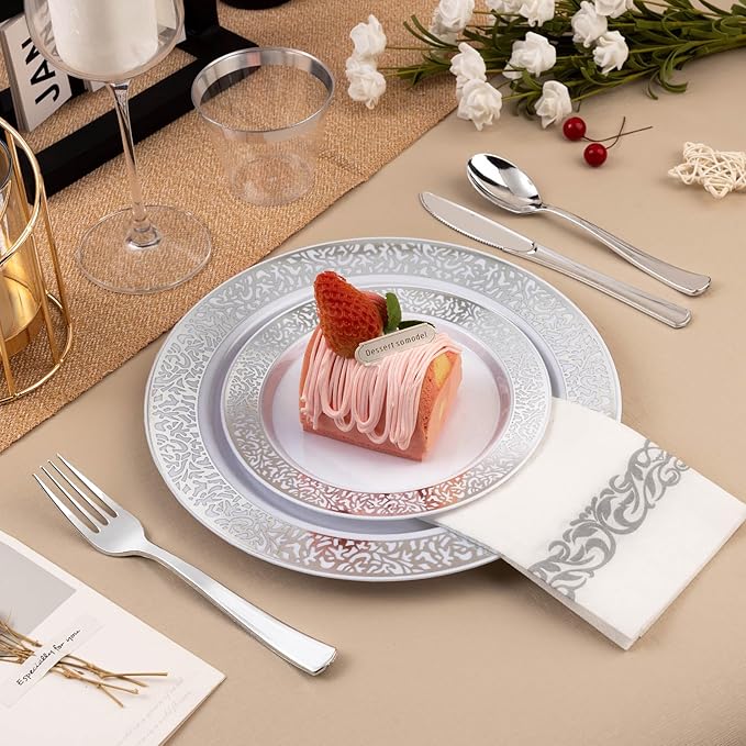 175PCS Silver Plastic Dinnerware Set for 25 Guests, Disposable Plates for Party, Wedding, Include 25 Dinner Plates, 25 Dessert Plates, 25 Set Silver Silverware, 25 Cups, 25 Napkins