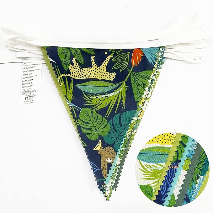 32Ft Teal Blue Green Summer Tropical Leaves Wild Animals Printed Pennant Banner Fabric Triangle Flag Cotton Bunting Garland for Birthday Party Wedding Home Nursery Outdoor Garden Hanging Decoration