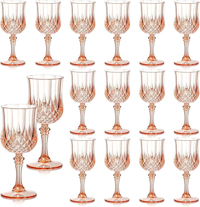 XUWAIDSGN 16 Pcs 7oz Plastic Vintage Wine Glasses Drinking Glasses Unbreakable Wedding Glassware Crystal Water Goblets Reusable Drinkware Vintage Champagne Flutes (16, Pink)