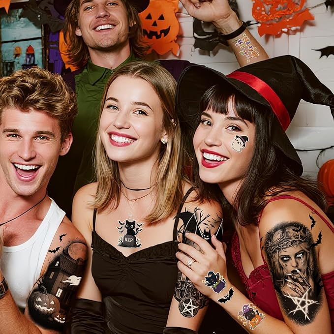 39 Sheets Halloween Glow Up Temporary Tattoos Women Men Adults, Skeleton Death Skull Pointed Black Hats Brooms Cauldrons Black Cats Half Arm Halloween Fake Tattoo, Scary Tattoos for Halloween Costume