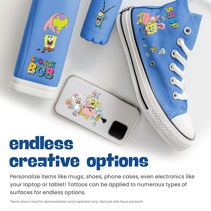 Savvi - 50 SpongeBob Temporary Tattoos: Skin-Safe Ink, Great for Birthday Parties, Gifts for Boys and Girls Ages 4-12+, Made in the USA [6 sheets, 50 count]