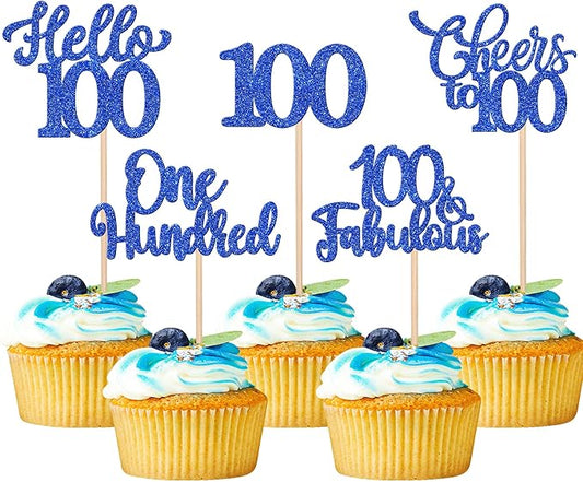 30PCS Happy 100th Birthday Cupcake Toppers One Hundred Cheers to 100 Years Birthday Cupcake Picks Hello 100 Fabulous Cake Decorations for Happy 100th Birthday Anniversary Party Supplies Blue