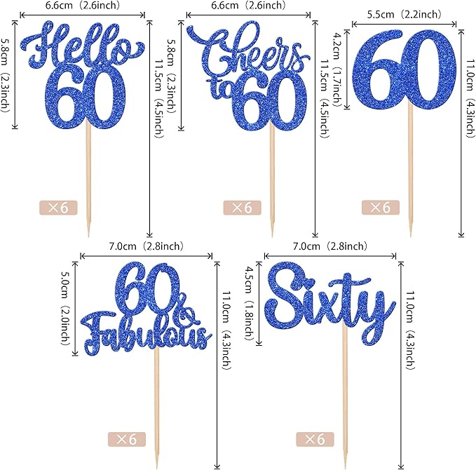 30PCS Happy 60th Birthday Cupcake Toppers Glitter Hello 60 Fabulous Sixty Cheers to 60 Years Old Birthday Cupcake Picks for Happy 60th Birthday Anniversary Party Cake Decorations Supplies Blue