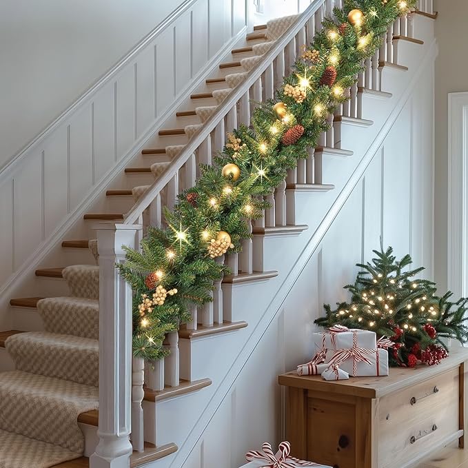 KING BIRD 9 FT by 12 Inch Prelit Christmas Garland with 50 Warm Lights, Battery Operated Xmas Garland with Pine Cones and Timer