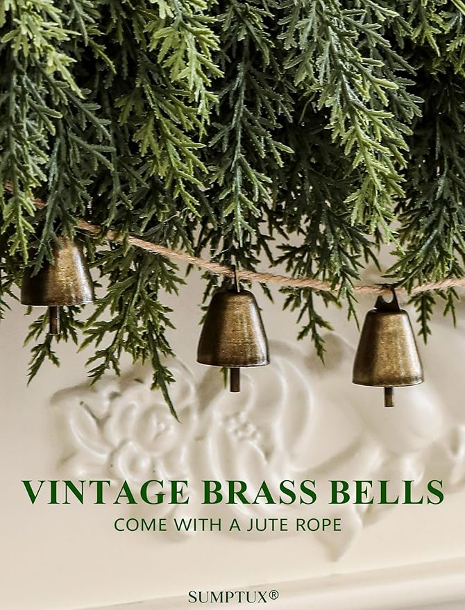 6Ft Real Touch Christmas Cedar Garland, Realistic Full Cedar Garland with Bells Decor, Green Artificial Pine Needles Garlands for Mantel, Fireplace, Stairs Railing, Tables, Christmas Decorations