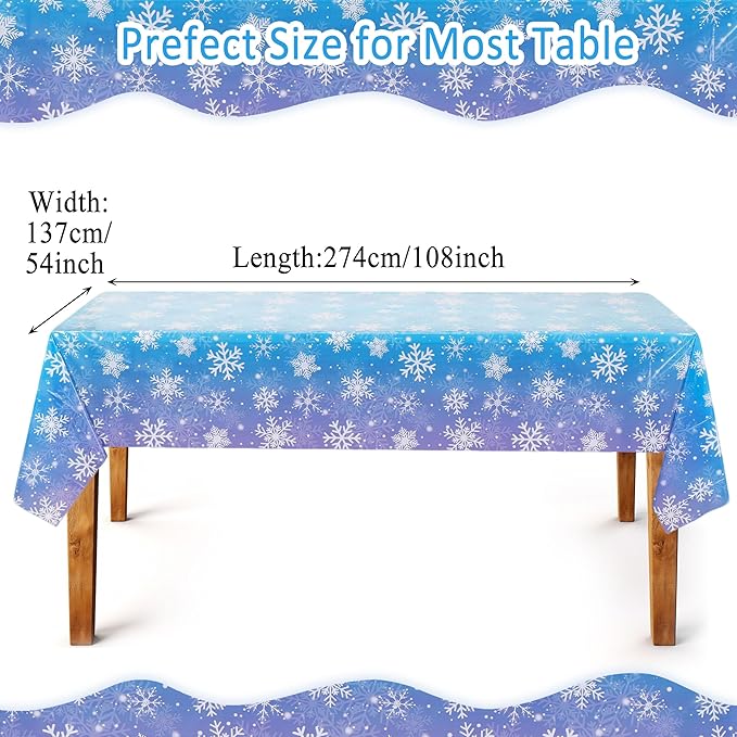 Mornajina 4 Packs 108 x 54 Inch Snowflake Tablecloth Merry Christmas Party Tablecloth Decorations Disposable Rectangle Plastic Snowflake Table Cloth (Blue)