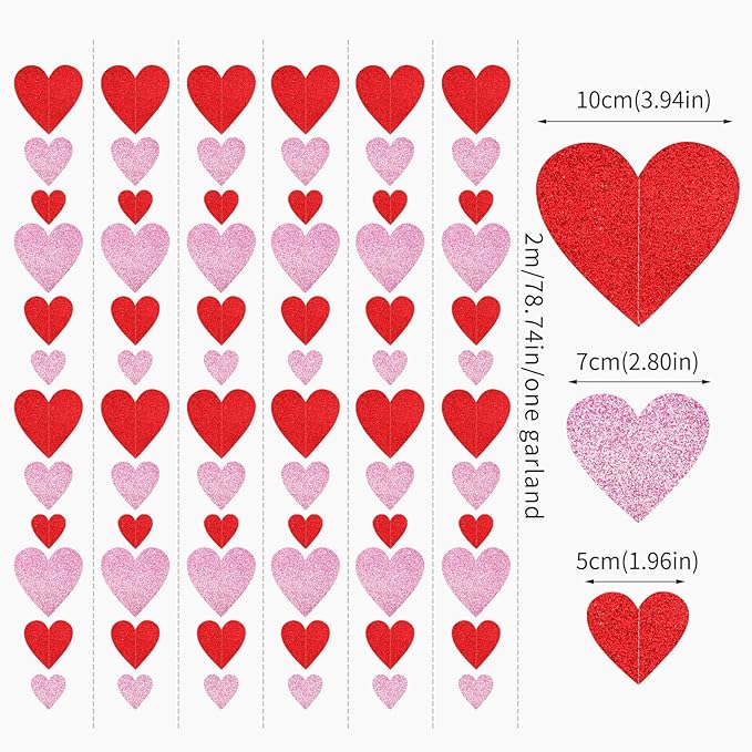Galentines Party-Decorations Heart Garland - 6pcs Glitter Pink Red Love Hanging Streamers,Romantic Special Night Baby Shower Wedding Anniversary Ceiling Banner Backdrop Decor Burgleda