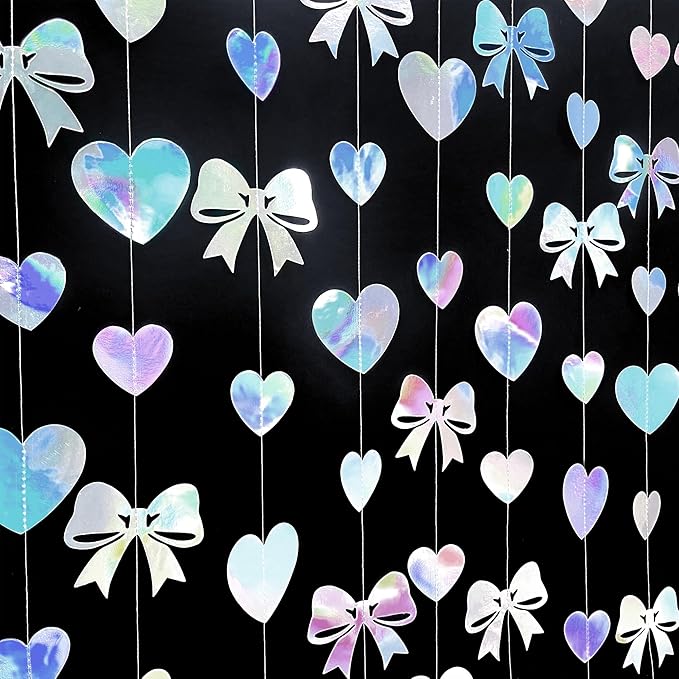 Iridescent Bow Decorations Holographic Paper Heart Bow Hanging Garland Streamer for Coquette Bachelorette Birthday Valentines Wedding Bridal Shower Engagement Anniversary Party Decorations Supplies