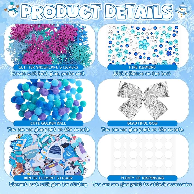 Moucuny 620/600 Pcs Winter Wreath Craft Kits DIY Snowman Christmas Wreath Crafts Kits Xmas Winter Home Decorations for Party Favors(Polar,Purple, Cyan, Light Blue, Dark Blue)