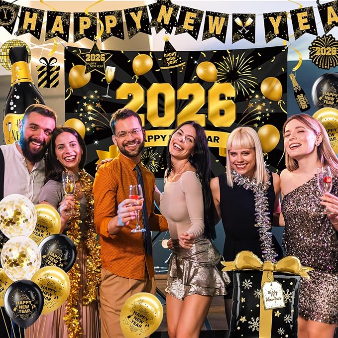 New Years Eve Party Supplies 2026-46 PCS Happy New Years Decorations-Party Favors Includes Banner, Backdrop, Balloons, Centerpieces, Hanging Swirls Nye Decorations 2026