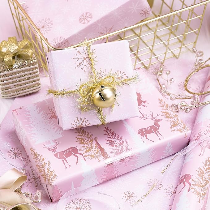 RUSPEPA Reversible Christmas Wrapping Paper Roll, Mini Roll, Rose Gold Foil Pink Reindeer and Tree Design, Pink Snowflake Gift Wrap for Girls, Women, Friends, Xmas Holiday Gifts, 17 Inches x 32.8 Feet